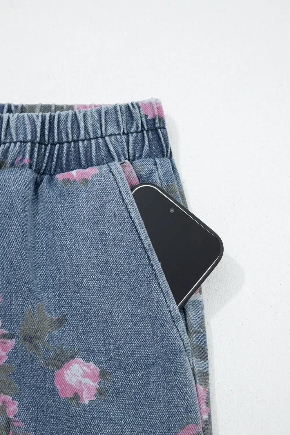 Elastic Waist Floral Print Pull On Jeans