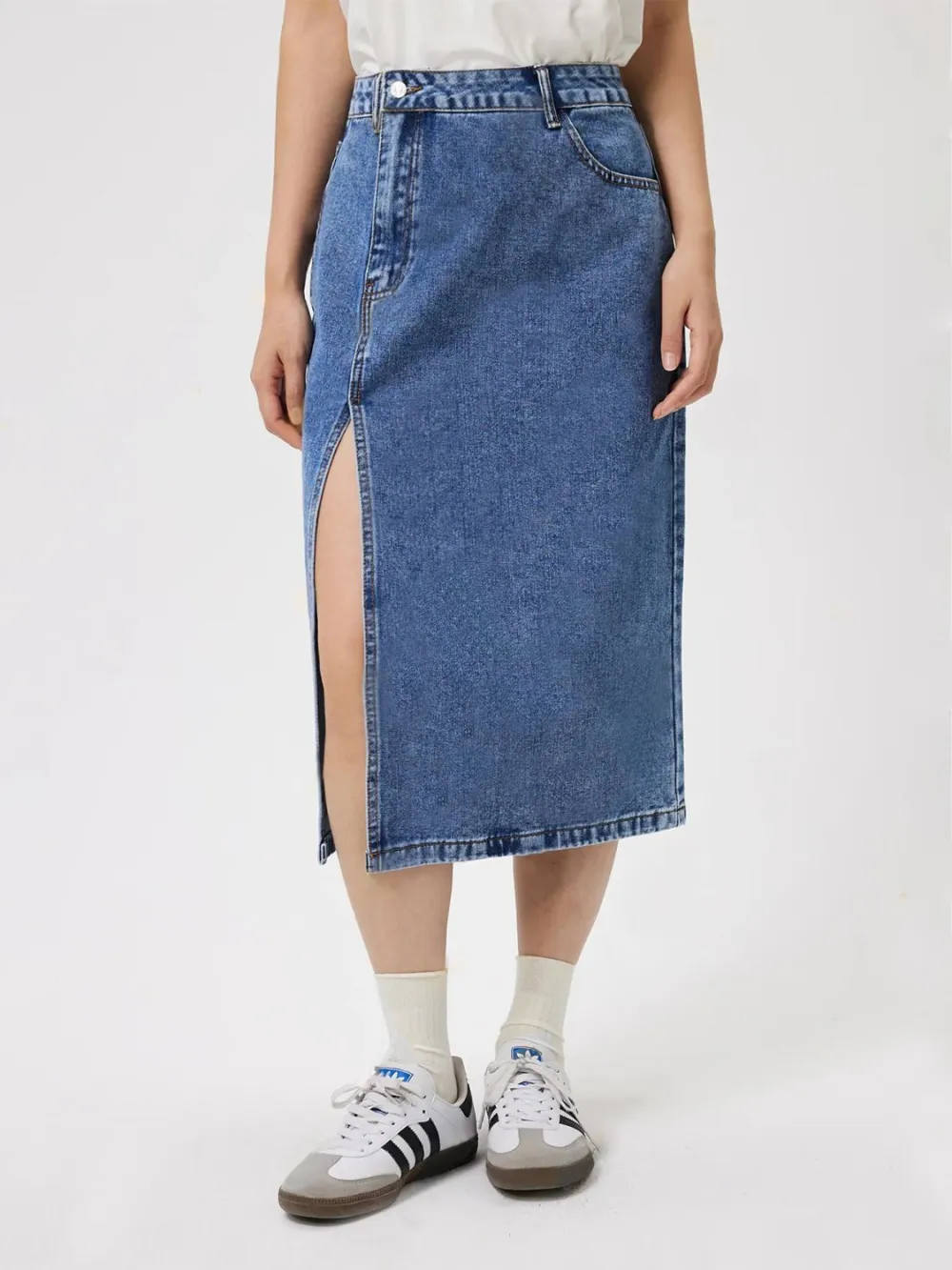 Slit Midi Denim Pockets Skirt