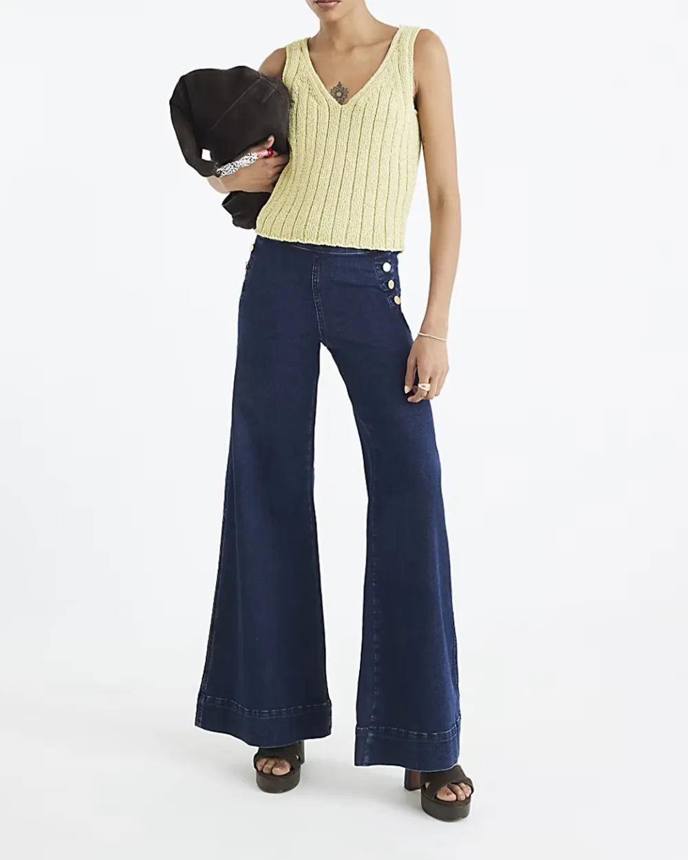 Button-Decorated High-Waisted Women's Bootcut Trousers