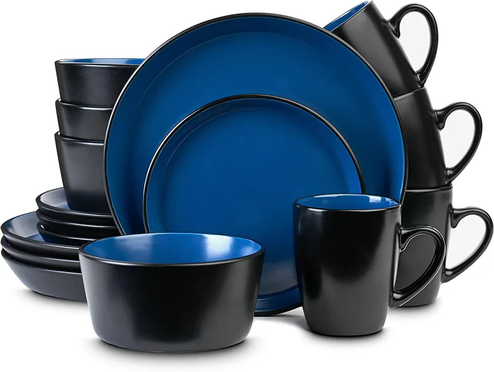 Stone Lain 32 Piece Glazed Stoneware Dinnerware Set, Service 8, Blue and Black