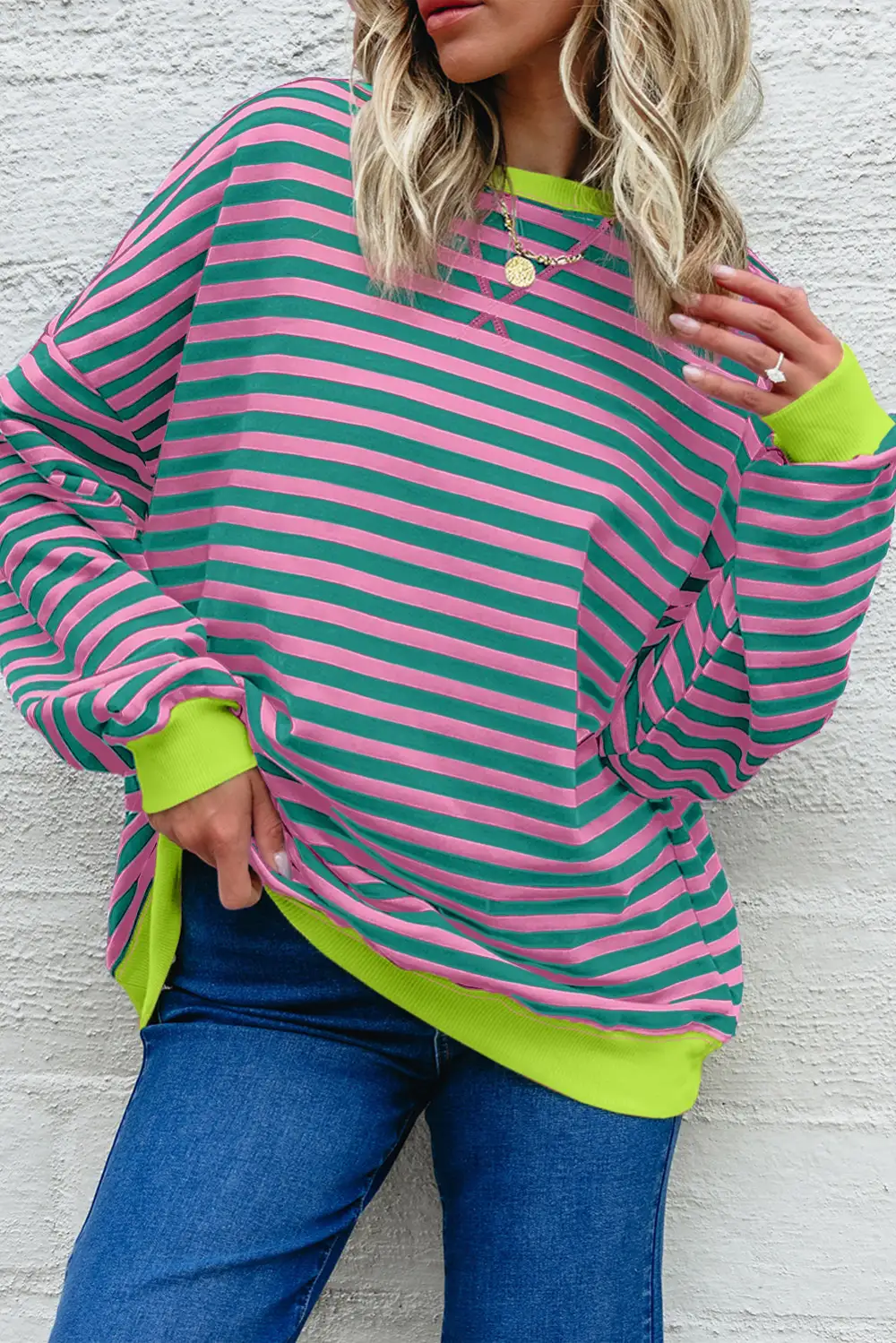 Relaxed Striped Ribbed Drop Shoulder Sweatshirt