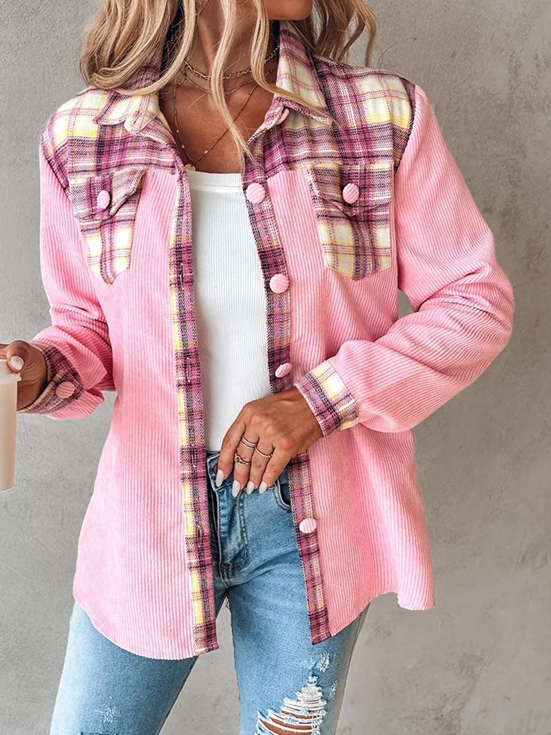 Casual pink plaid review corduroy jacket