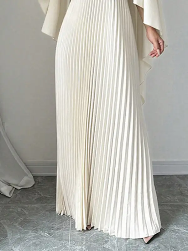 Pleated Floral Printed Neck Maxi Dress