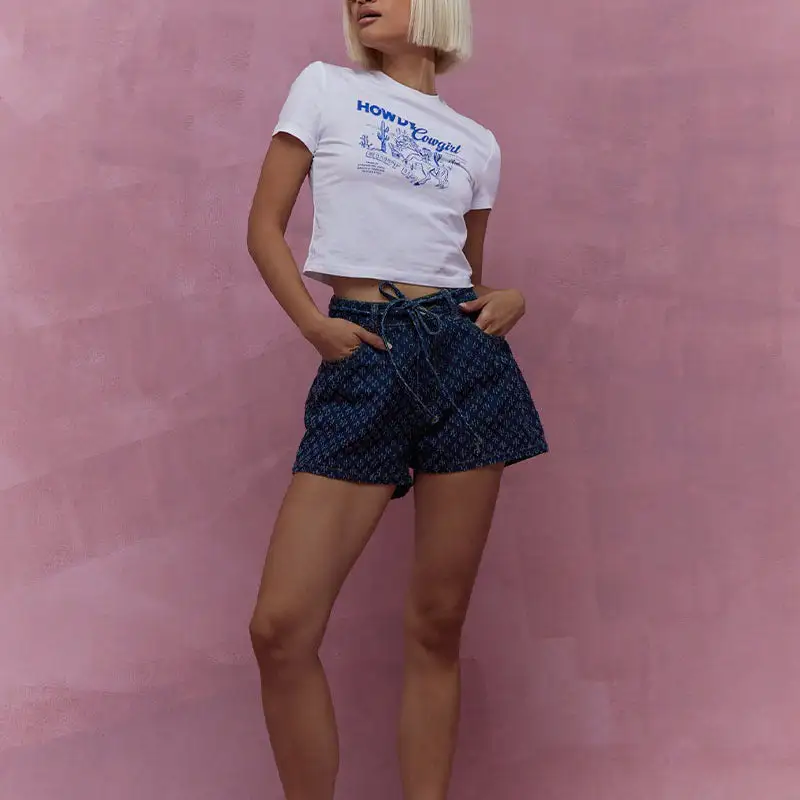 Tie Waist Patterned Denim Shorts