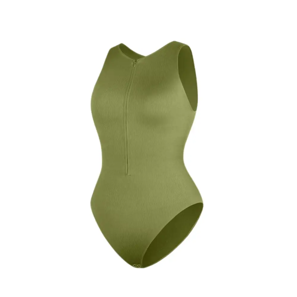 Ribbed Zip Front Sleeveless Bodysuit