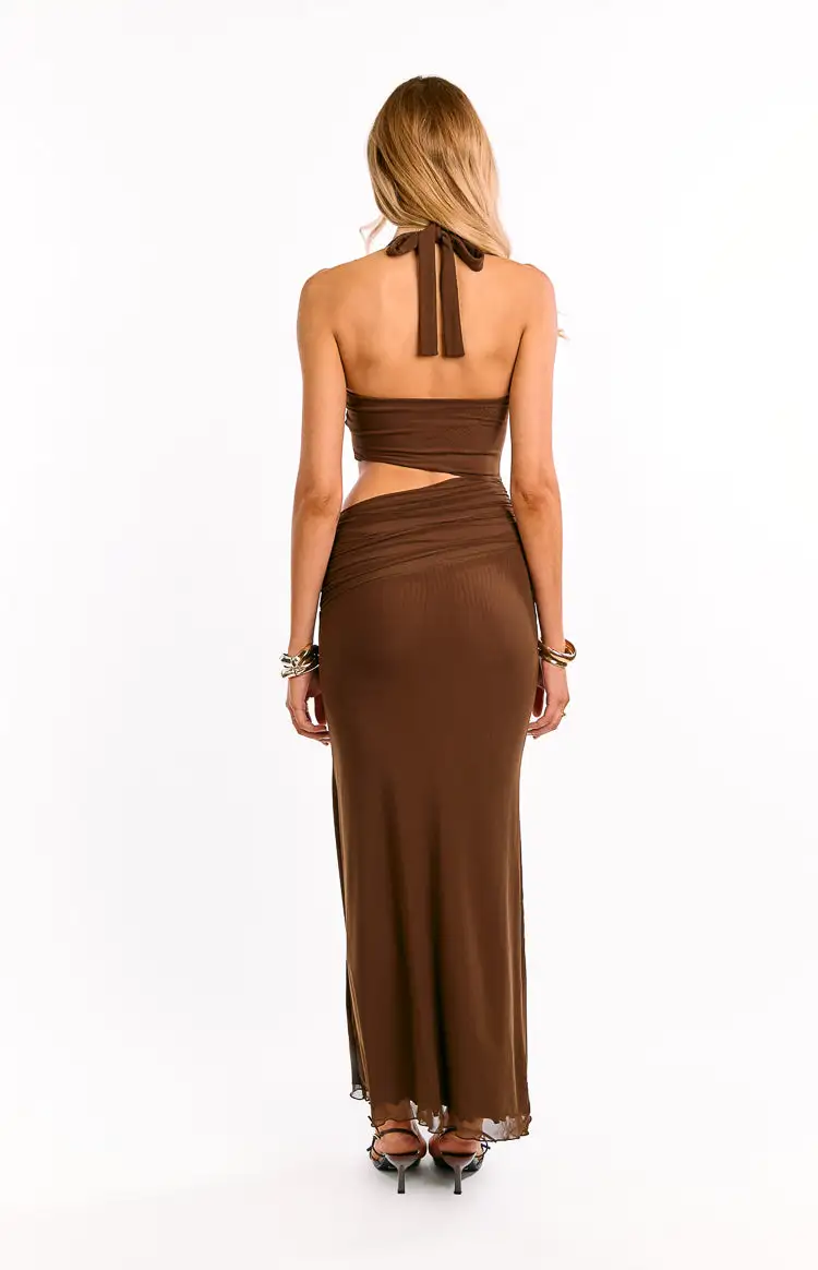 Halter Halter Neck Mesh Ruched Maxi Dress
