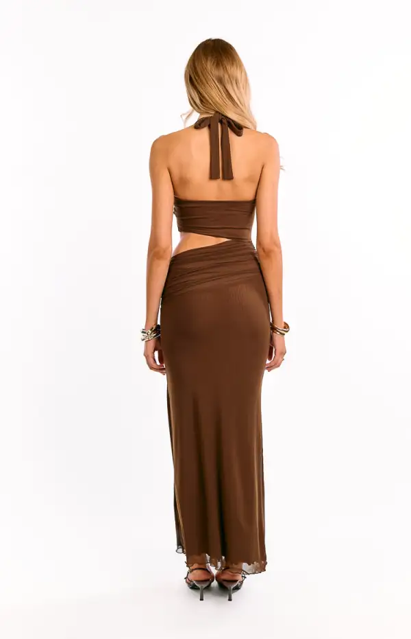 Halter Halter Neck Mesh Ruched Maxi Dress