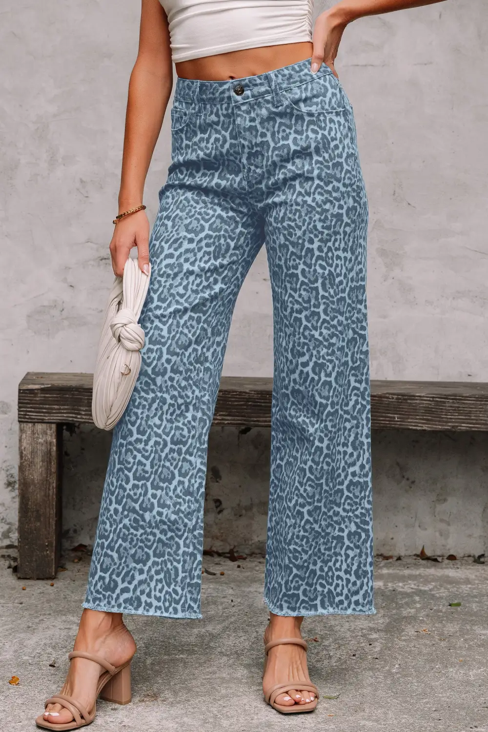 Relaxed Wide Leg High Waist Frayed Leopard Jeans