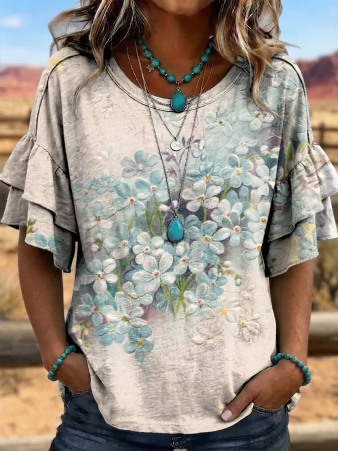 Retro Short Sleeve Shirt With Ruffled Sleeves