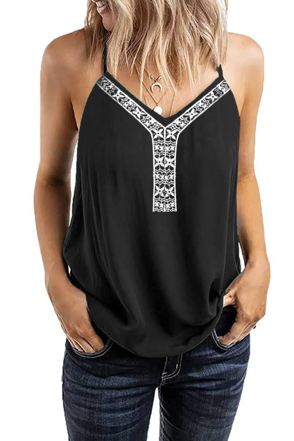 Sleeveless Lace V Neckline Tank Top