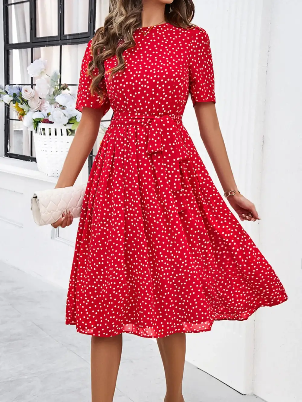 Printed Round Neck Short Sleeve Casual Dress
