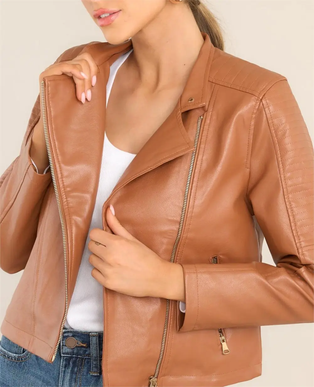 DEFYING THE ODDS CARAMEL FAUX LEATHER JACKET