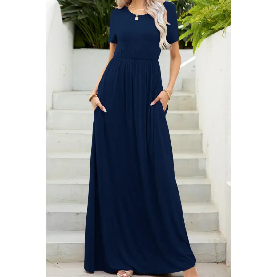Round Neck Maxi Tee Dress with Pockets
