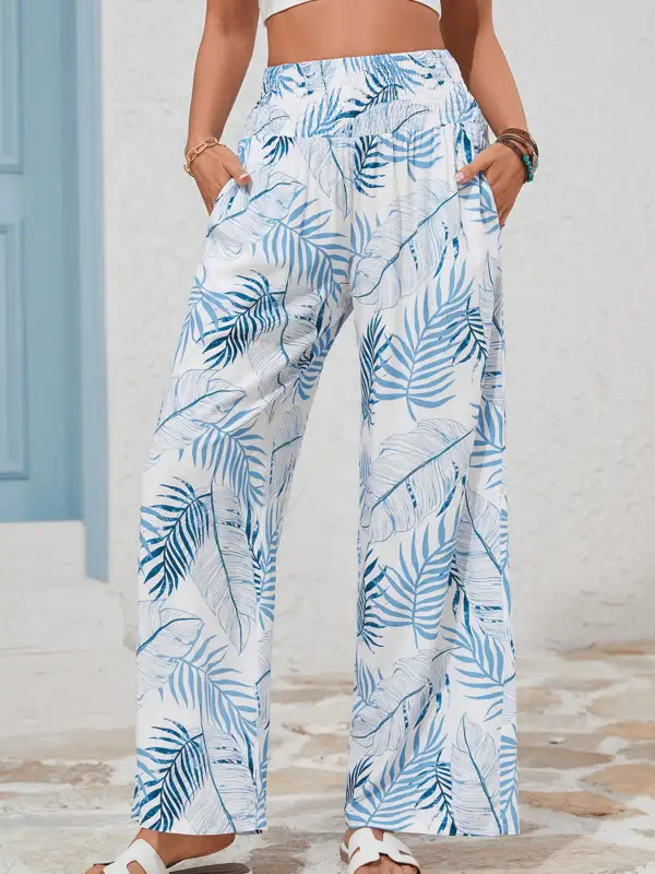 Tropical Print Shirred Waistband Wide Leg Pants