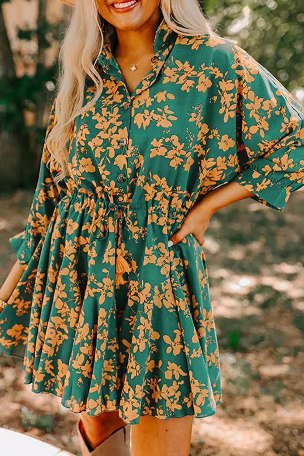 Printed Button Front Ruffle Dress Casual