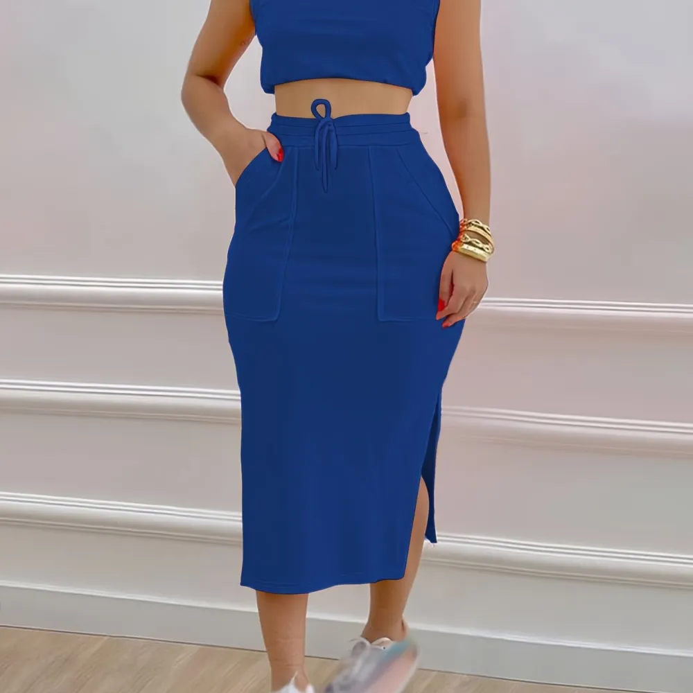 Drawstring Skirt Set: Effortless Summer Style (Tank Top, Split Detail)