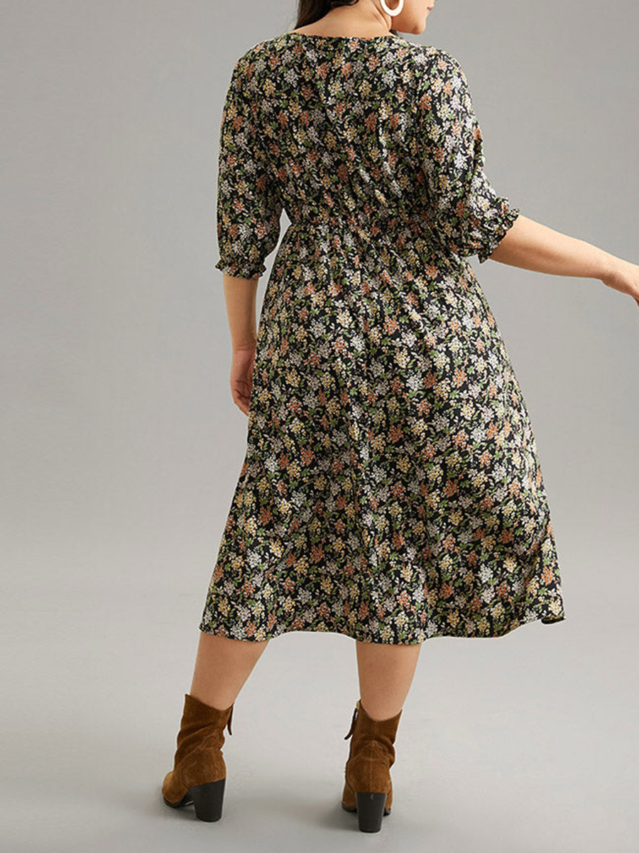 Crew-neck spliced plus-size floral dress for women