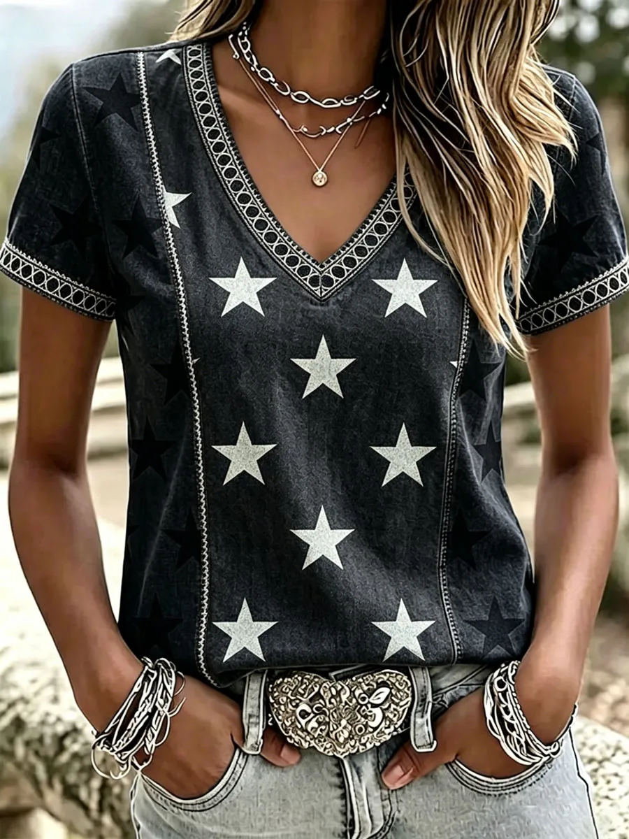 Women's Western-style Retro Print Top