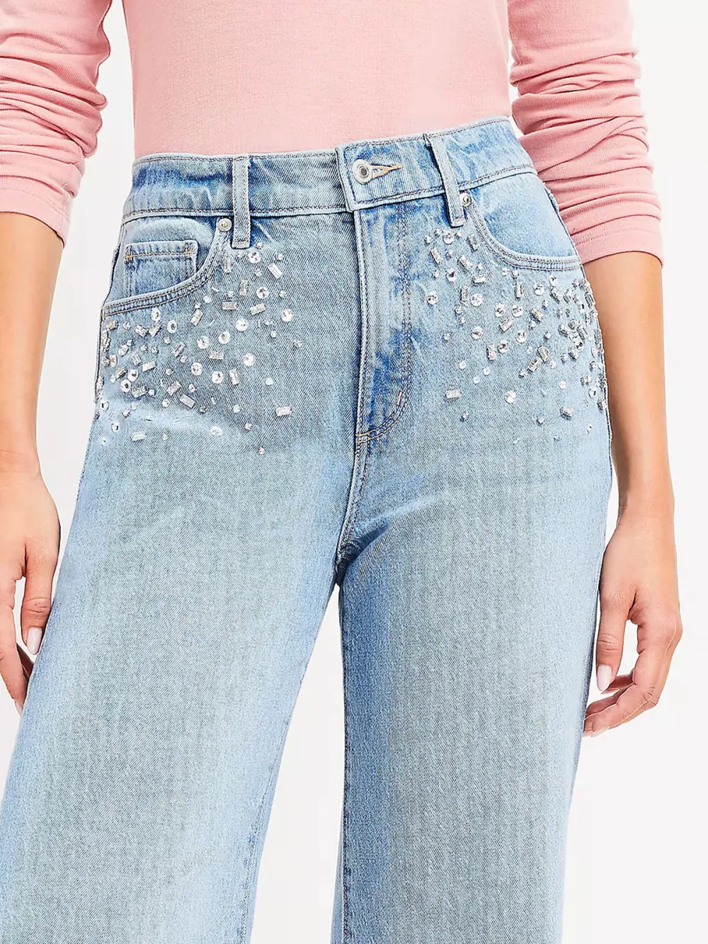 Sparkle High Rise Wide Leg Jeans In Light Wash Indigo