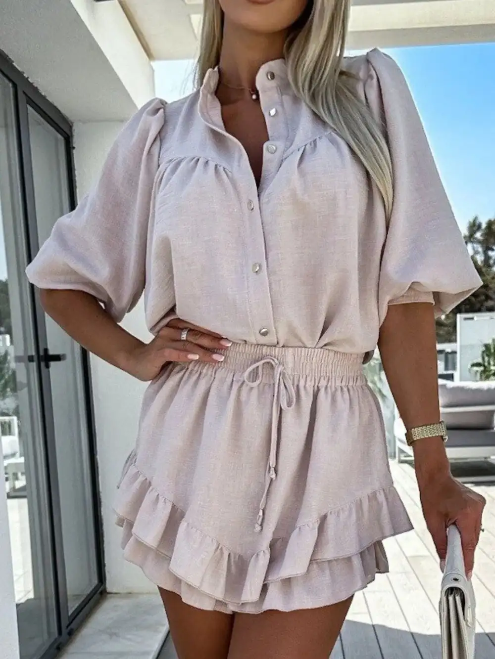 Airy Button Front Ruffle Trim Coordinated Set