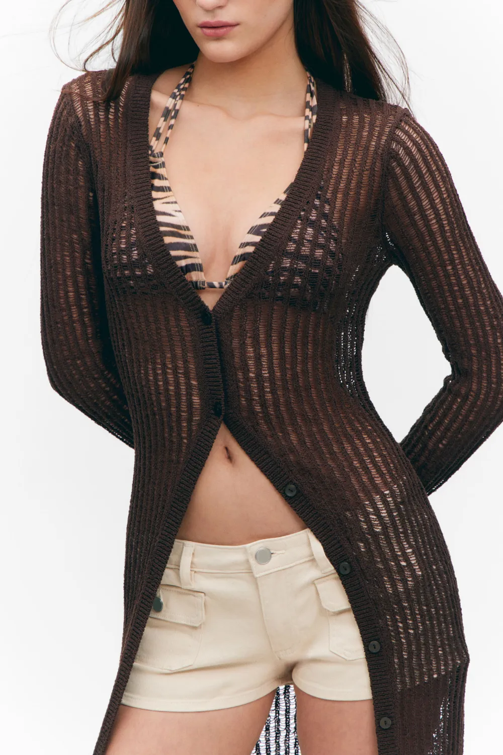 Hollow V-Neck Long Cardigan