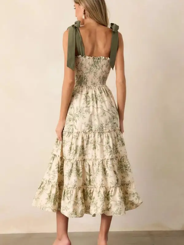 Drape Floral Printed Tiered Midi Dress