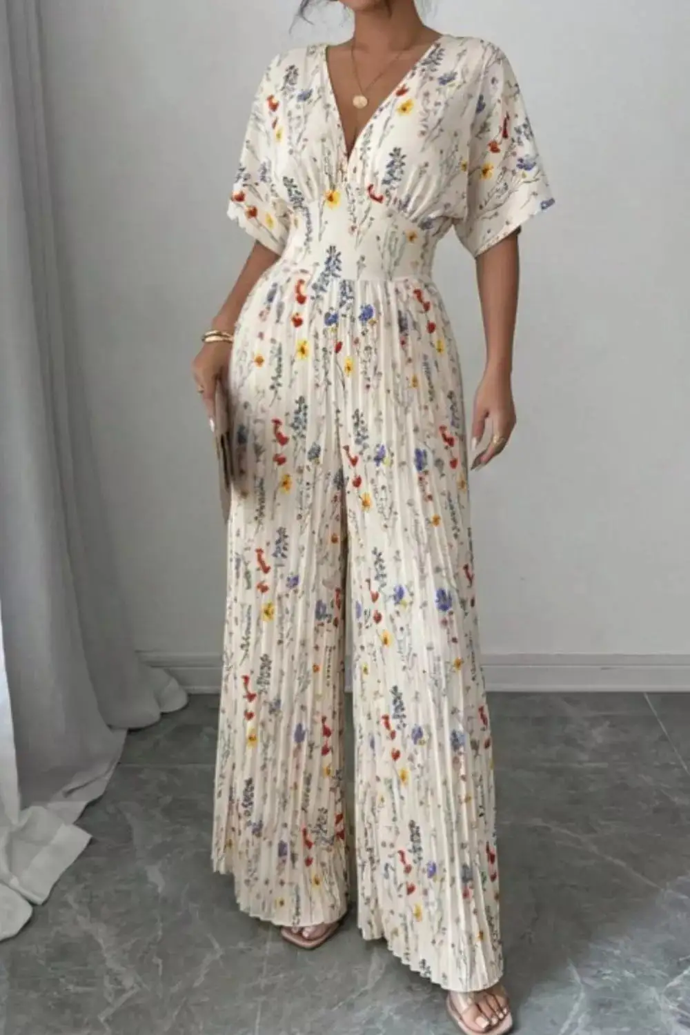 Pleated Floral Wide Leg Jumpsuit