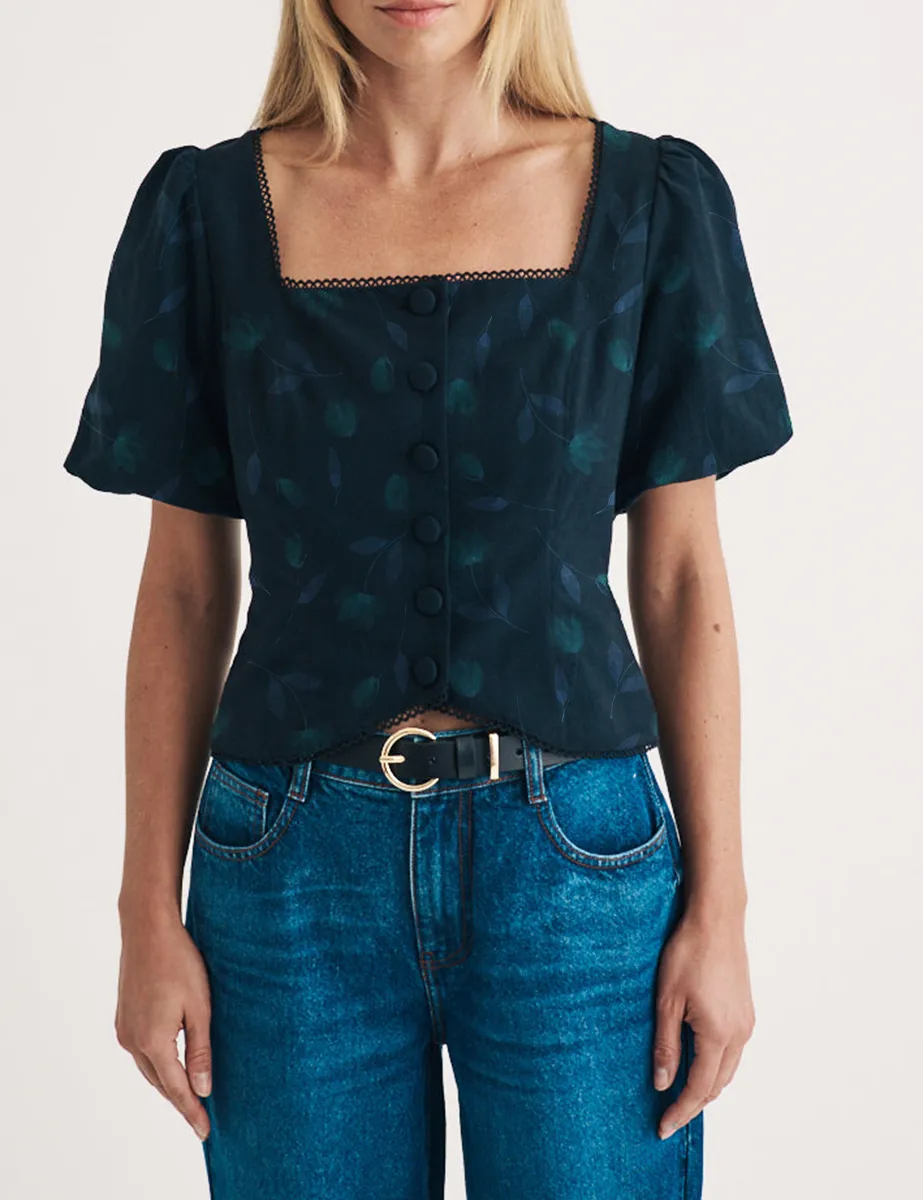 Black Puff Sleeve Button Down Top