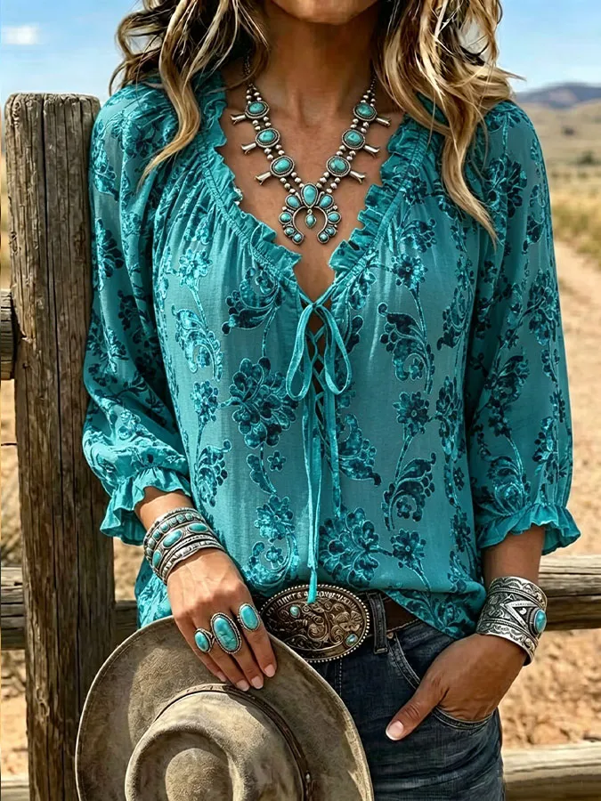 Women's Vintage Floral Print Casual Ruffle Tie-Up Shirt