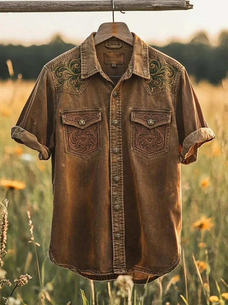 Men's Western Cowboy Floral Tooled Leather Printed Shirt