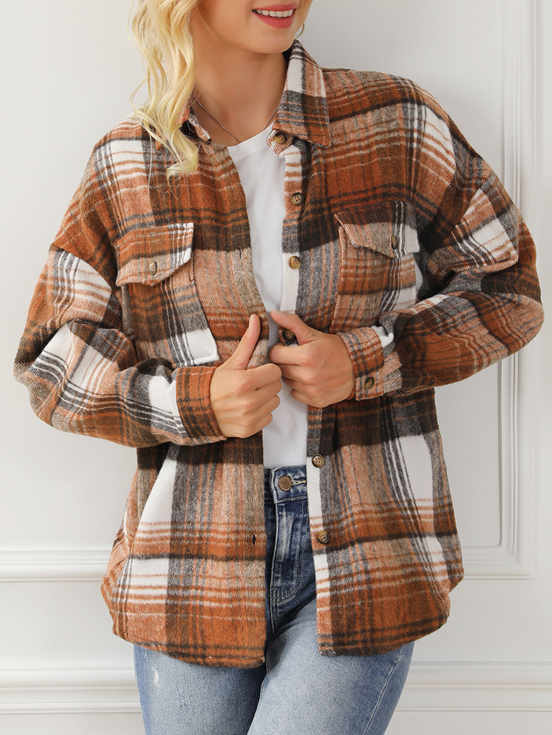 Brown Plaid Flap Pockets Shacket