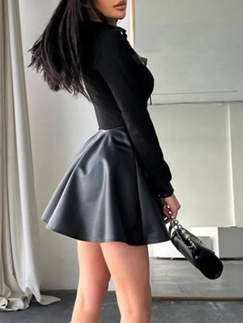 Casual long-sleeve leather panel dress