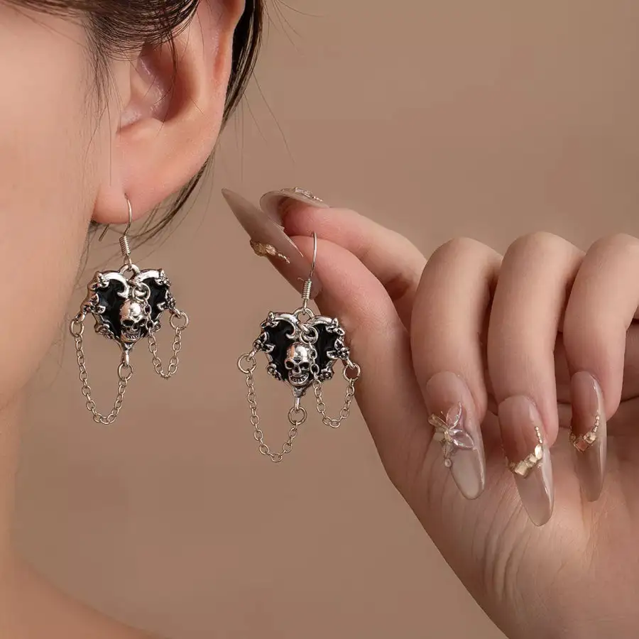 Alloy Heart Skull Earrings with Chain Detail