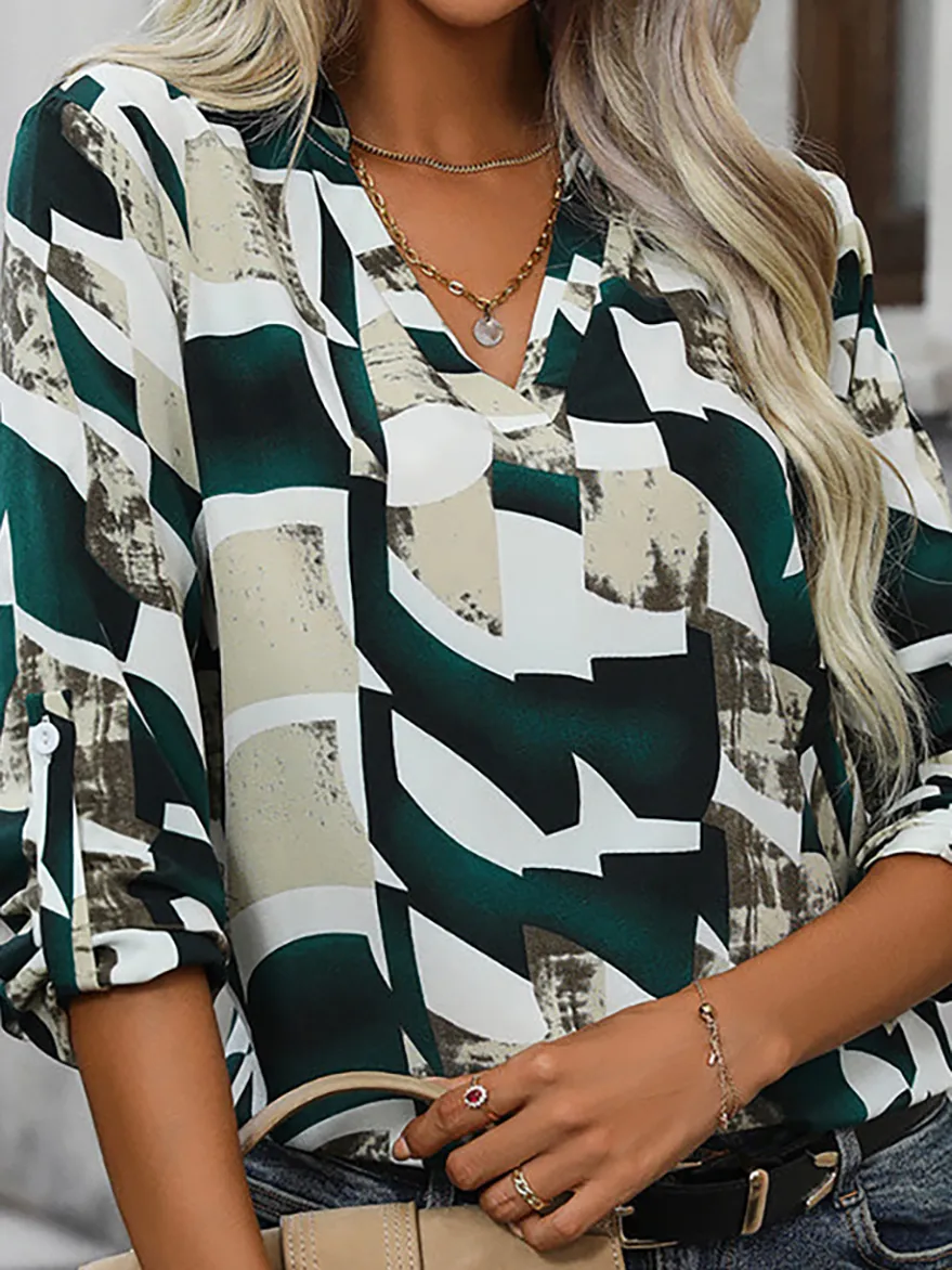 Collar Printed Long Sleeve Blouse