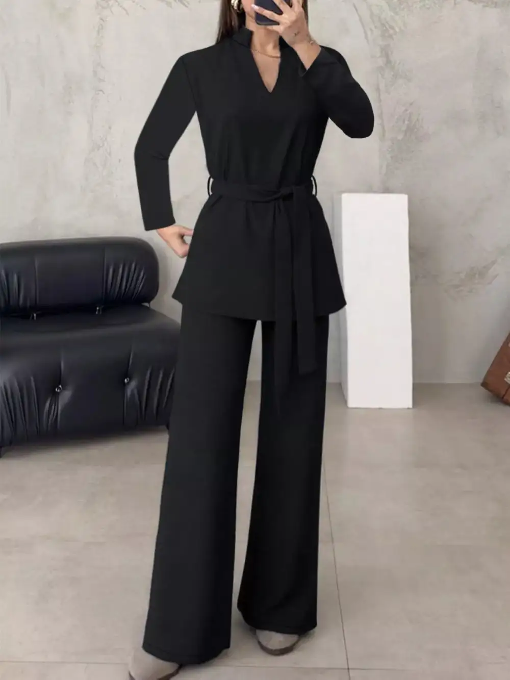 Tie Waist Long Sleeve Top and Pants Set