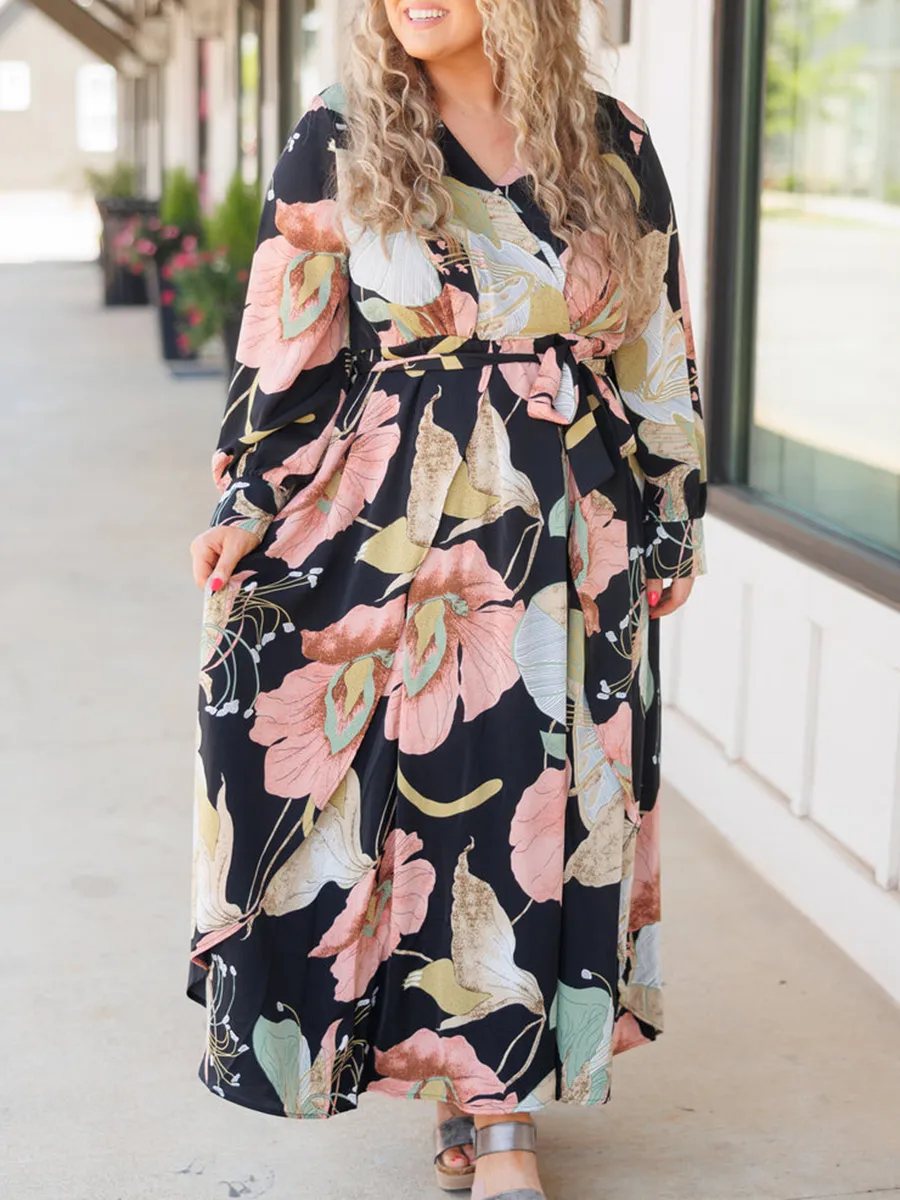 Large Floral Pattern Printed Loose Fitting Dress