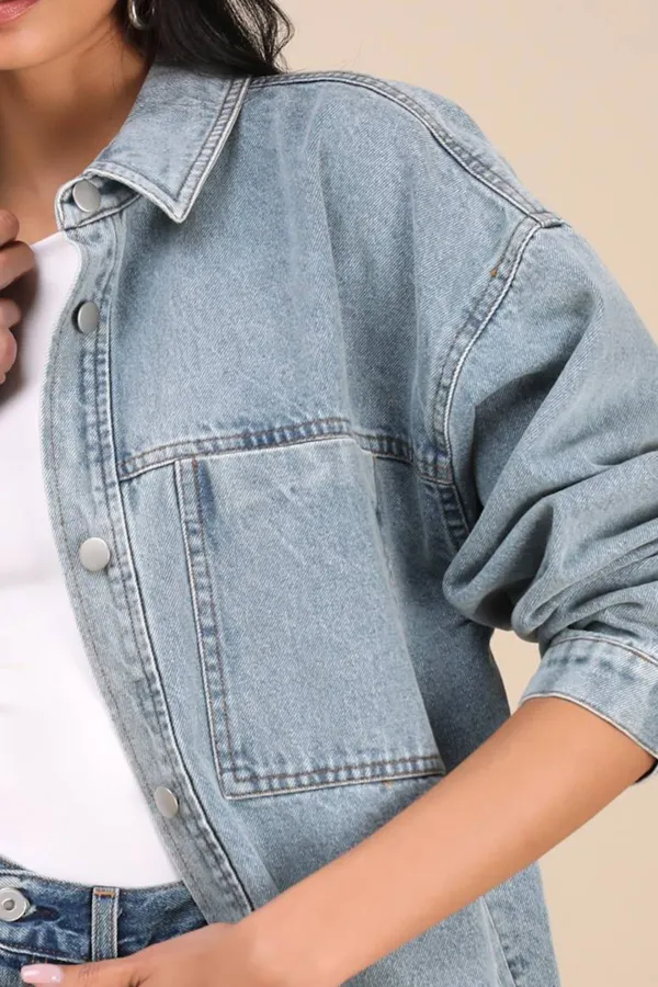 Casual Style Light Wash Denim Oversized Shacket