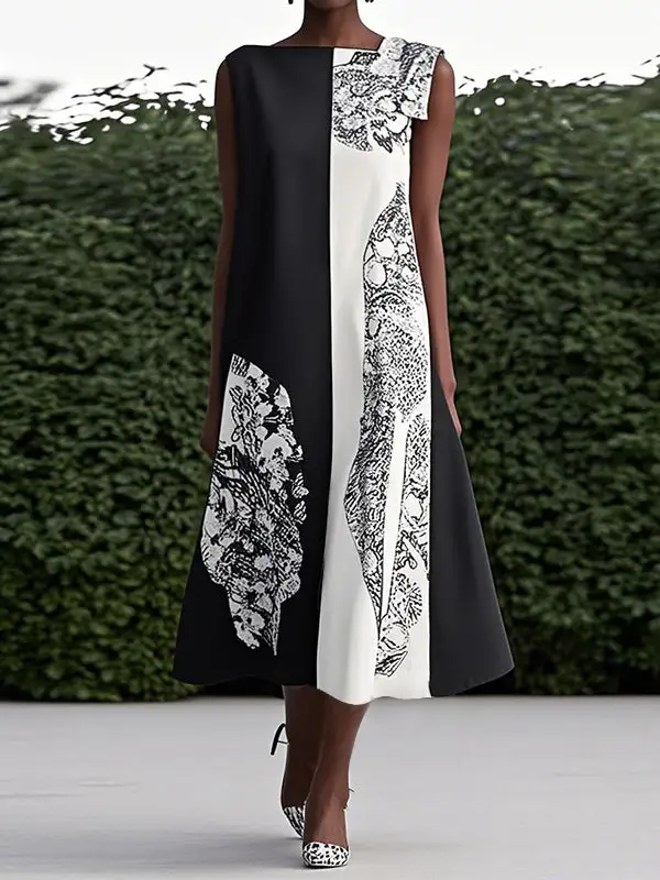 Asymmetric Printed Sleeveless Neck Maxi Dress