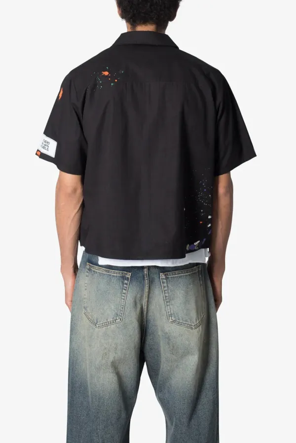 BLACK PAINT SPLATTER POPLIN SHORT SLEEVE SHIRT