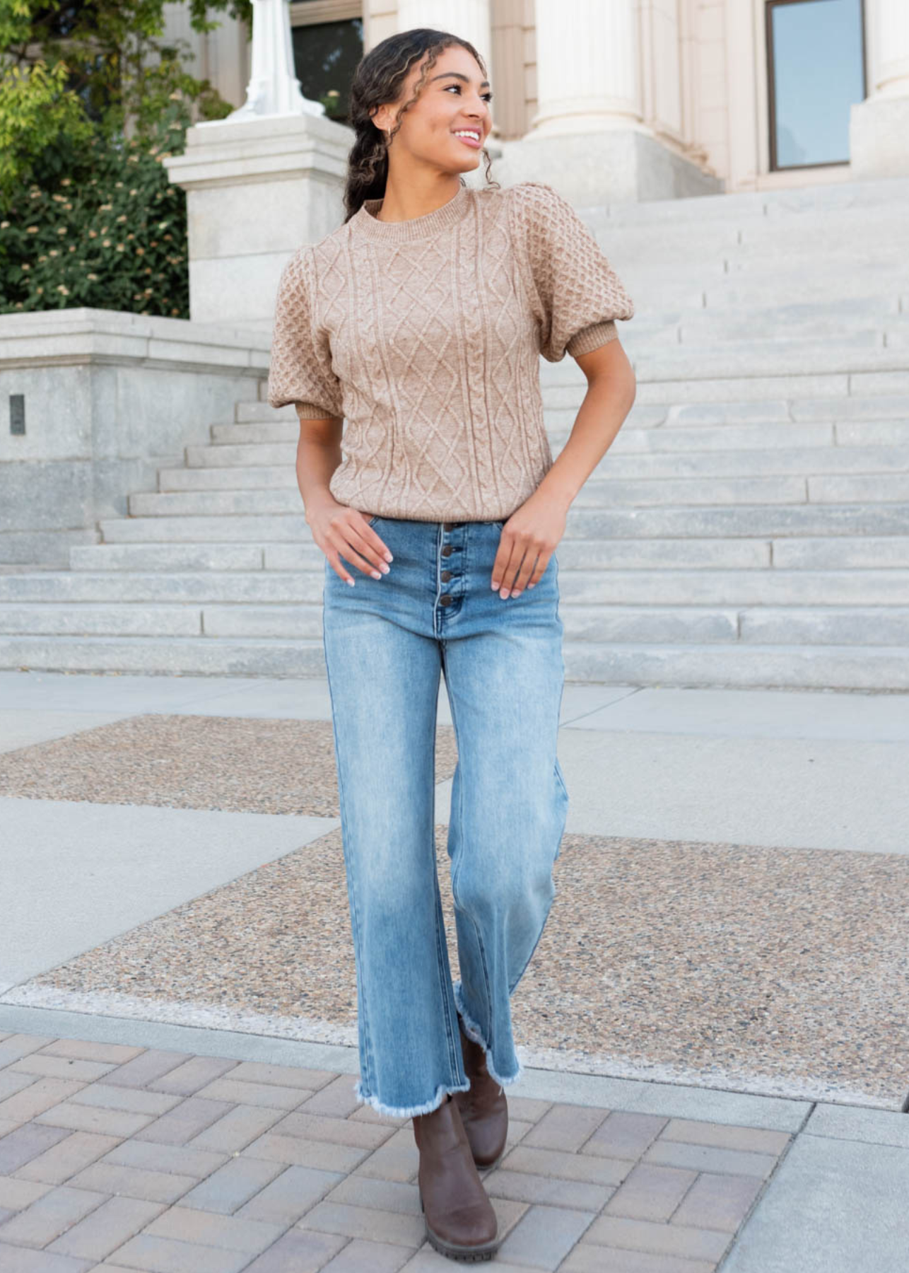 Alaina Taupe Short Sleeve Sweater