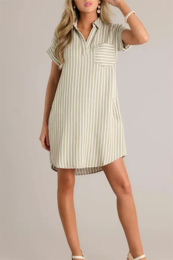 LINEAR ELEGANCE OLIVE GREEN STRIPE MINI SHIRT DRESS