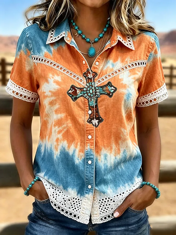 Women's Tie-Dye Cross Embroidered Western Lace Trim Shirt