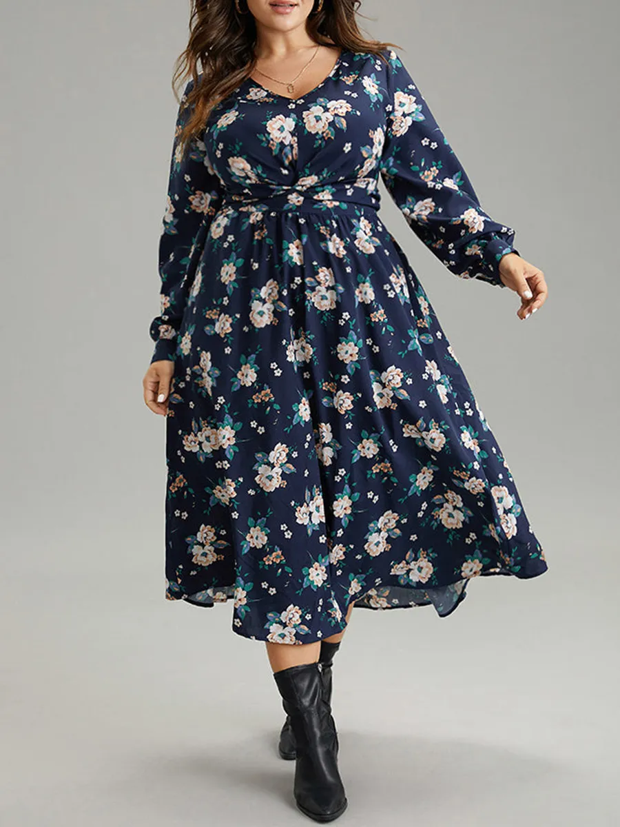 Elegant Senior Waist Cut Floral Dress Midi Skirt