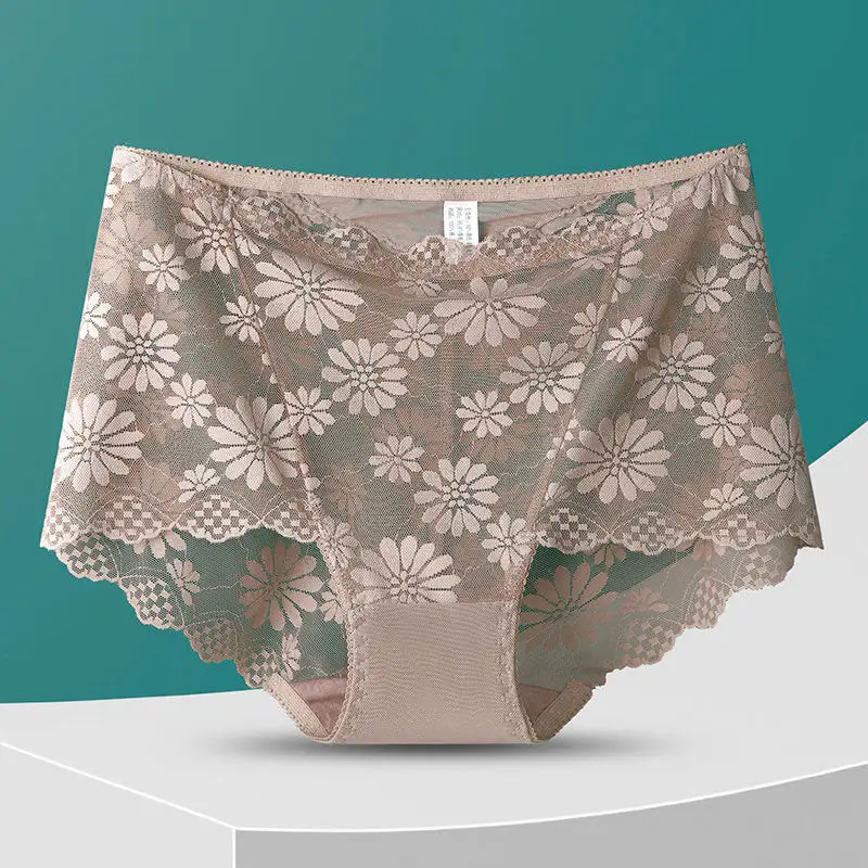 Plus Size High Waist Lace Trim Breathable Panty