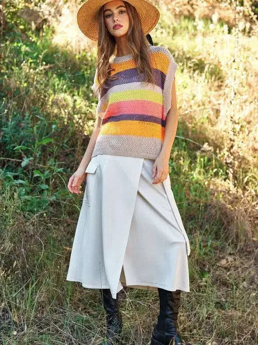 In a World Full of Color Crochet Multi Striped Sleeveless Knit Sweater