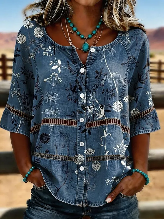 Women's Vintage Print Casual Hollow Denim Shirt