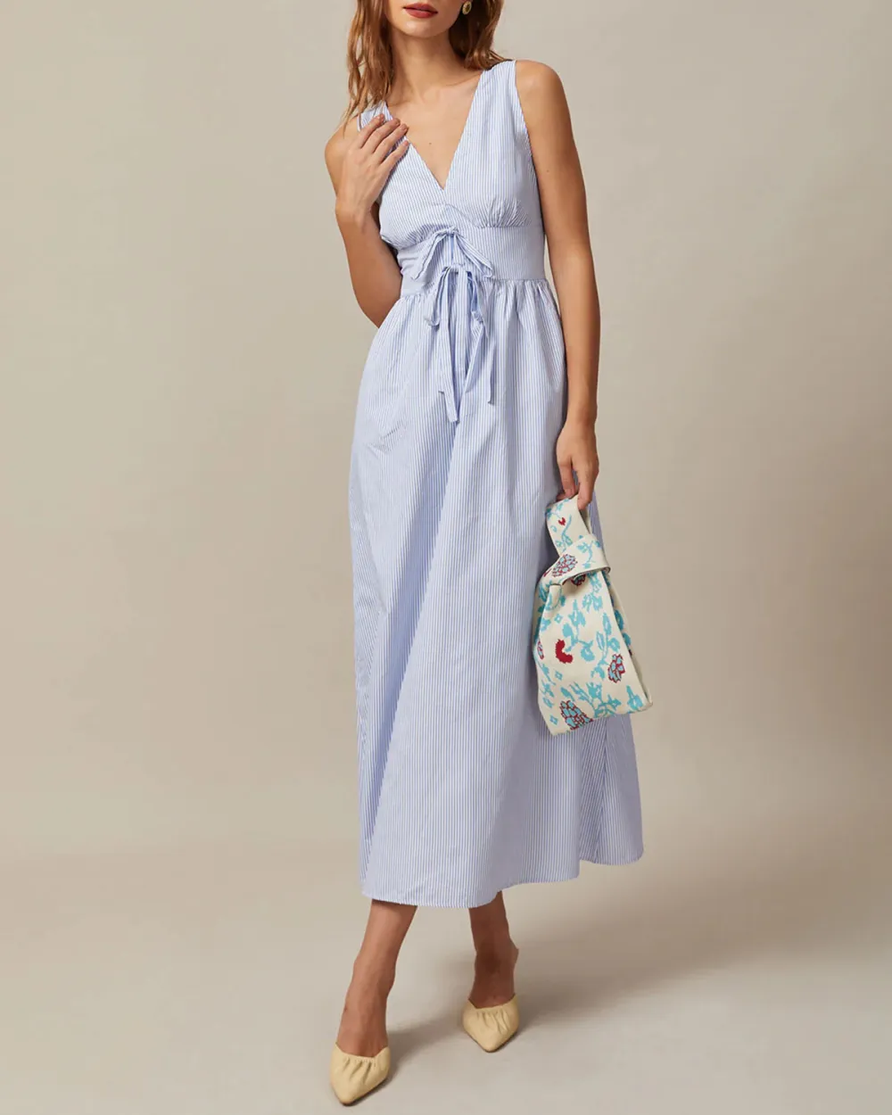 Deep V Neck Blue Dress