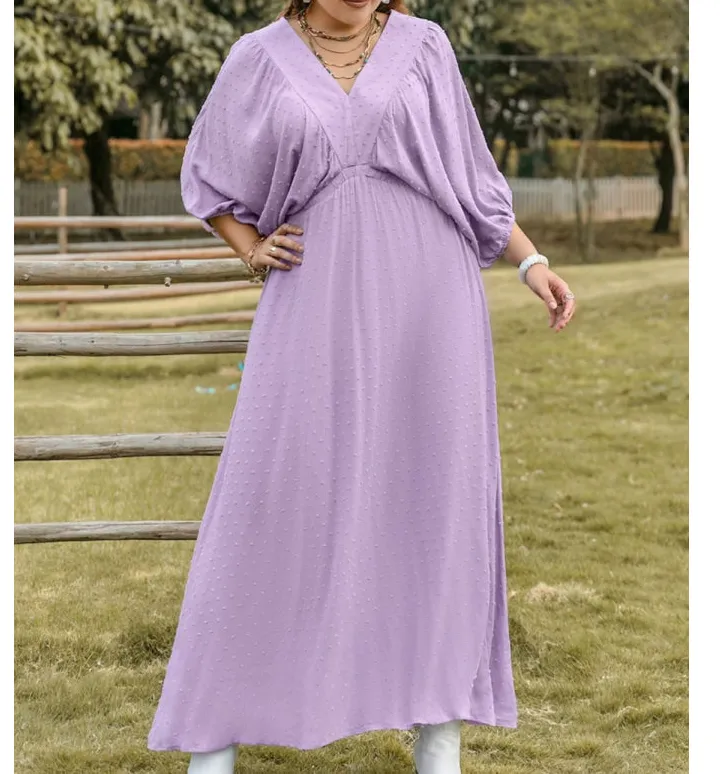 Plus Size Swiss Dot V-Neck Midi Dress