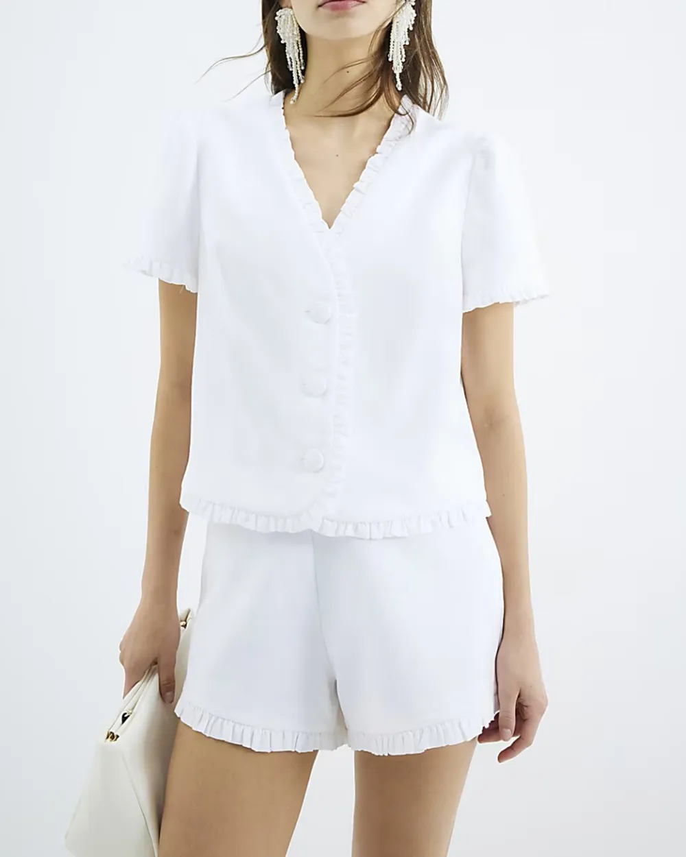 V-Neck Pleated Lace Women's Short-Sleeved Shirts