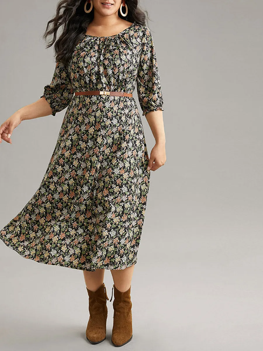 Crew-neck spliced plus-size floral dress for women